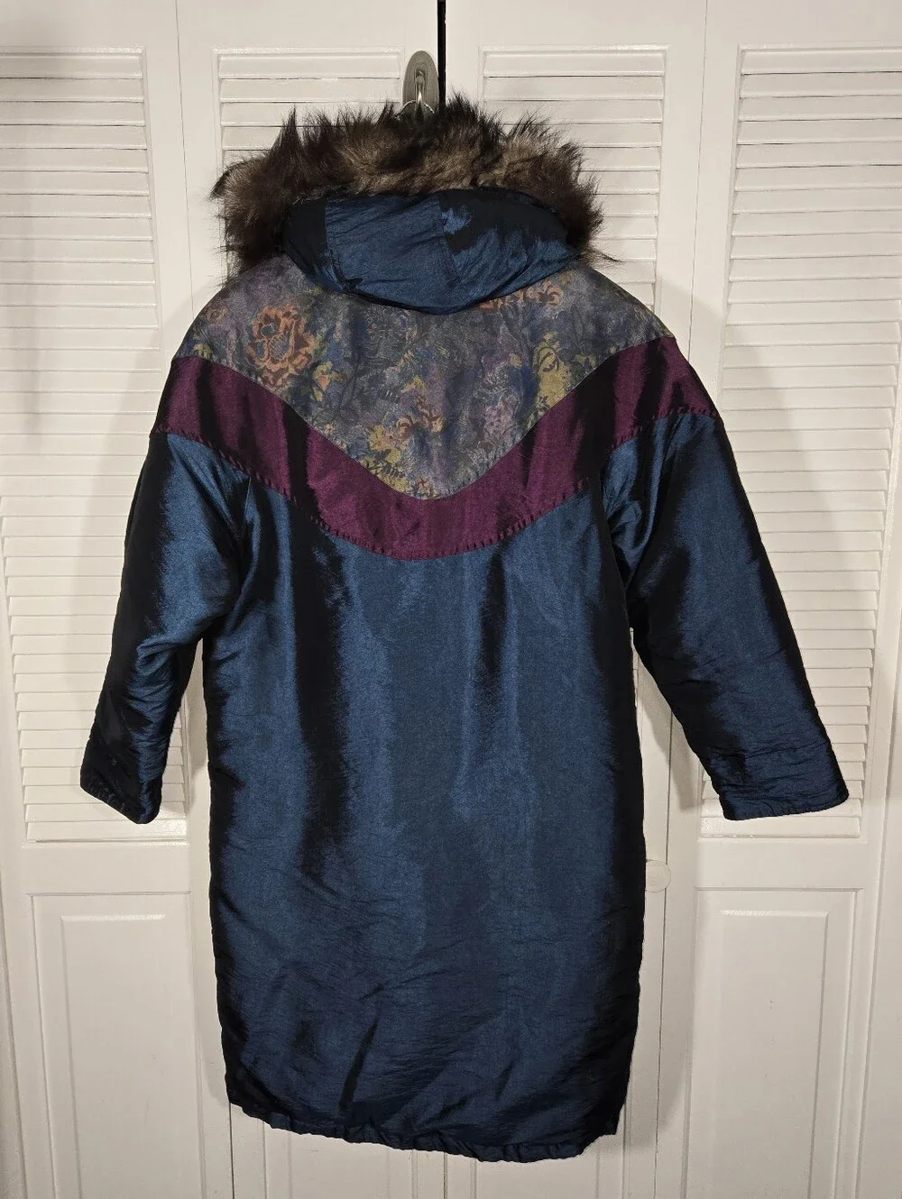 Cyclone Vintage 80s Long Puffer Iridescent Floral Colorblock Plush Hood Jacket 6